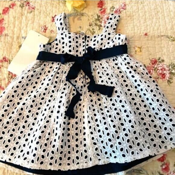 Rare Editions Dress White Eyelet Lace Navy Lining Daisy Detail Size 18 Months - Picture 3 of 8